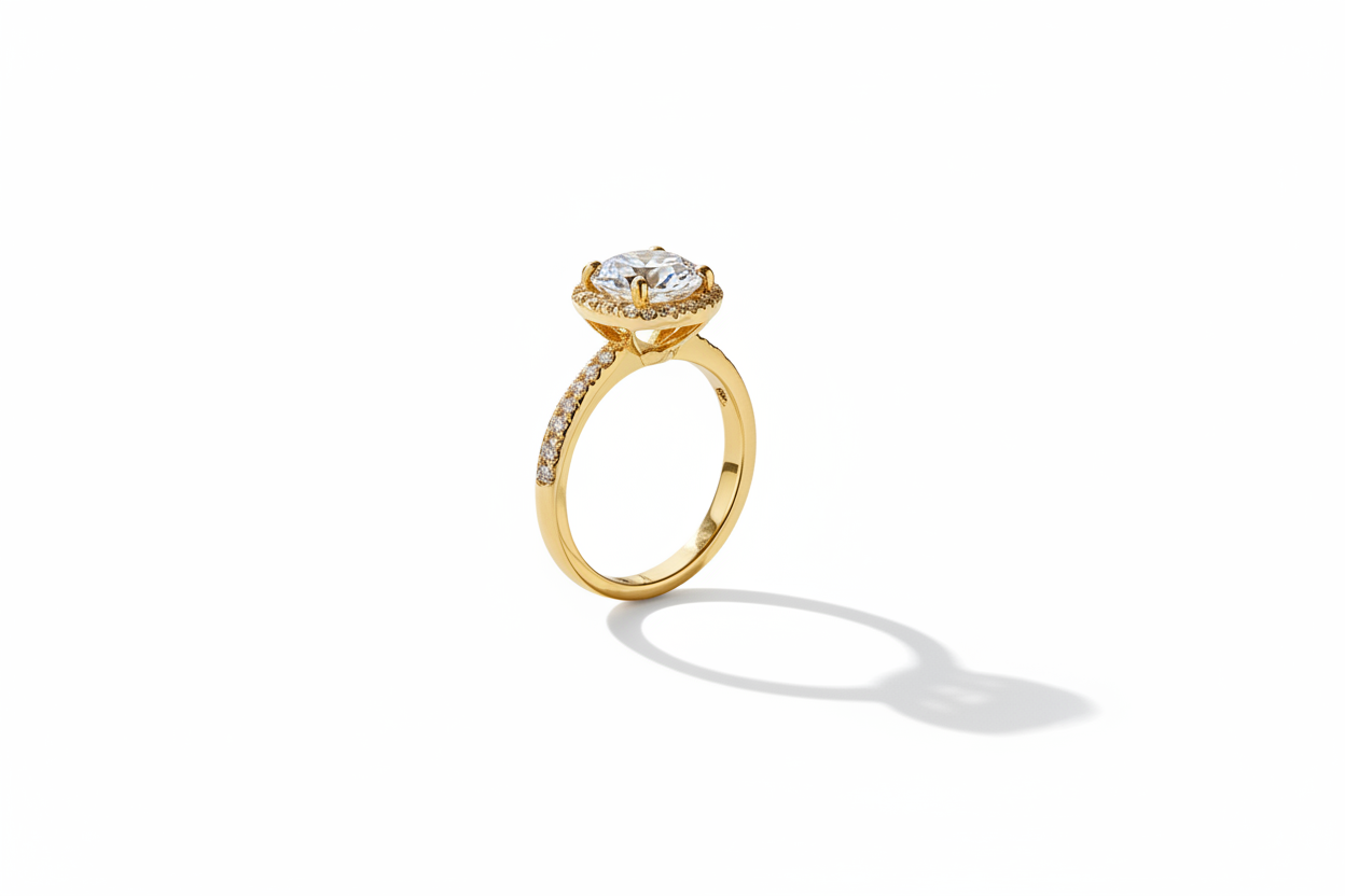 Gold ring with diamonds on a reflective surface