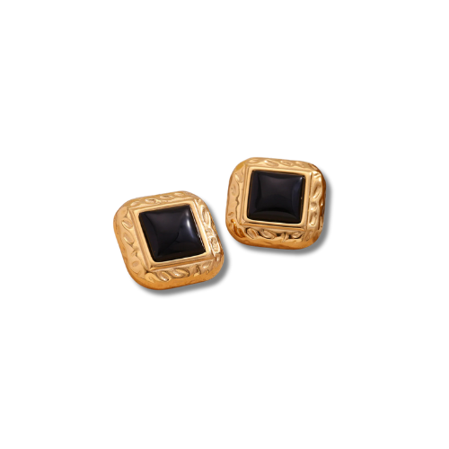 Black Gold Statement Square Earrings – Vintage Sculptural Frame