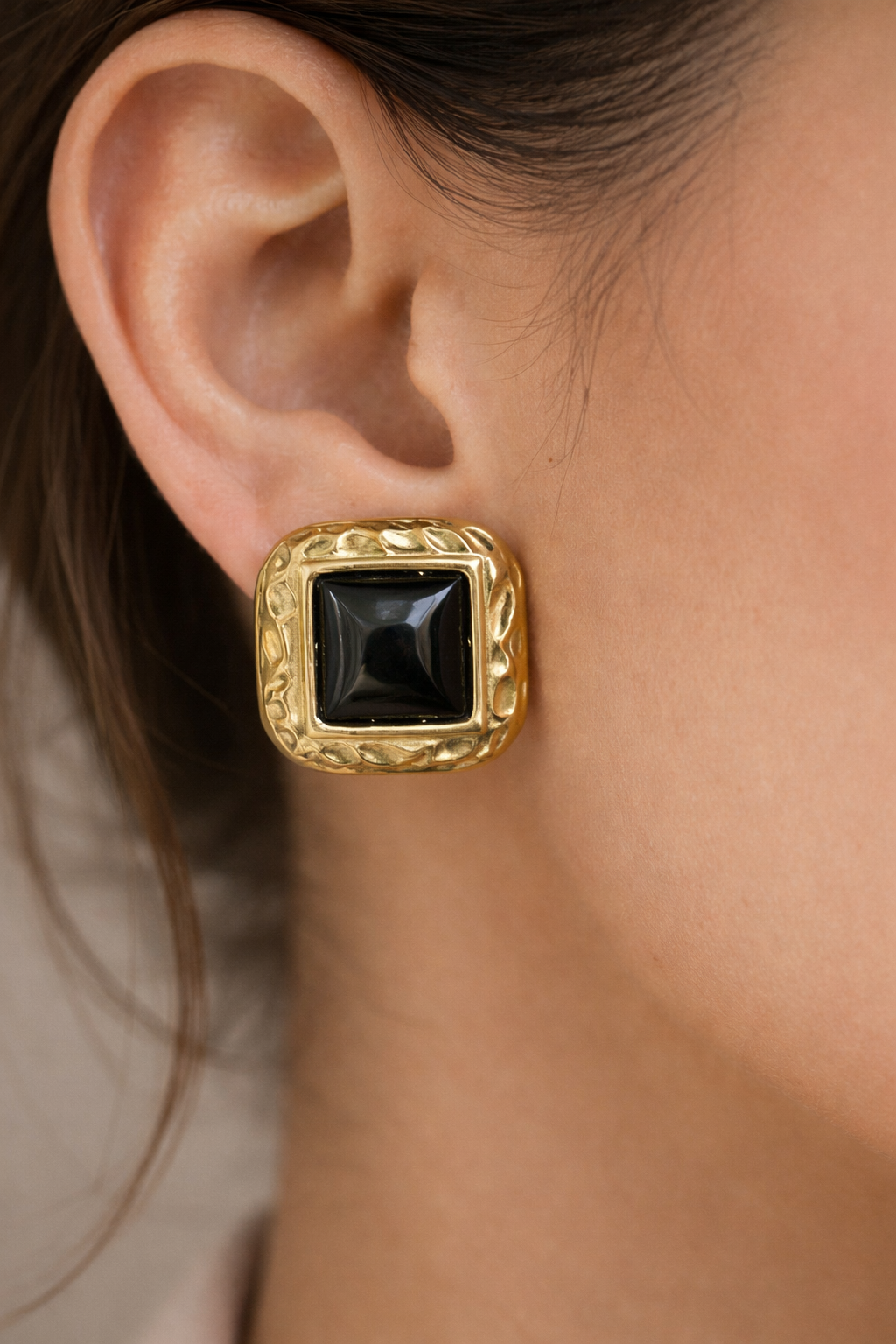Black Gold Statement Square Earrings – Vintage Sculptural Frame