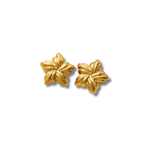 Gold flower statement stud earrings with sculptural petal design by JASMA Jewelry