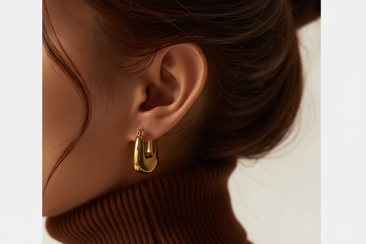 Close-up of an ear wearing a gold hoop earring with a neutral background