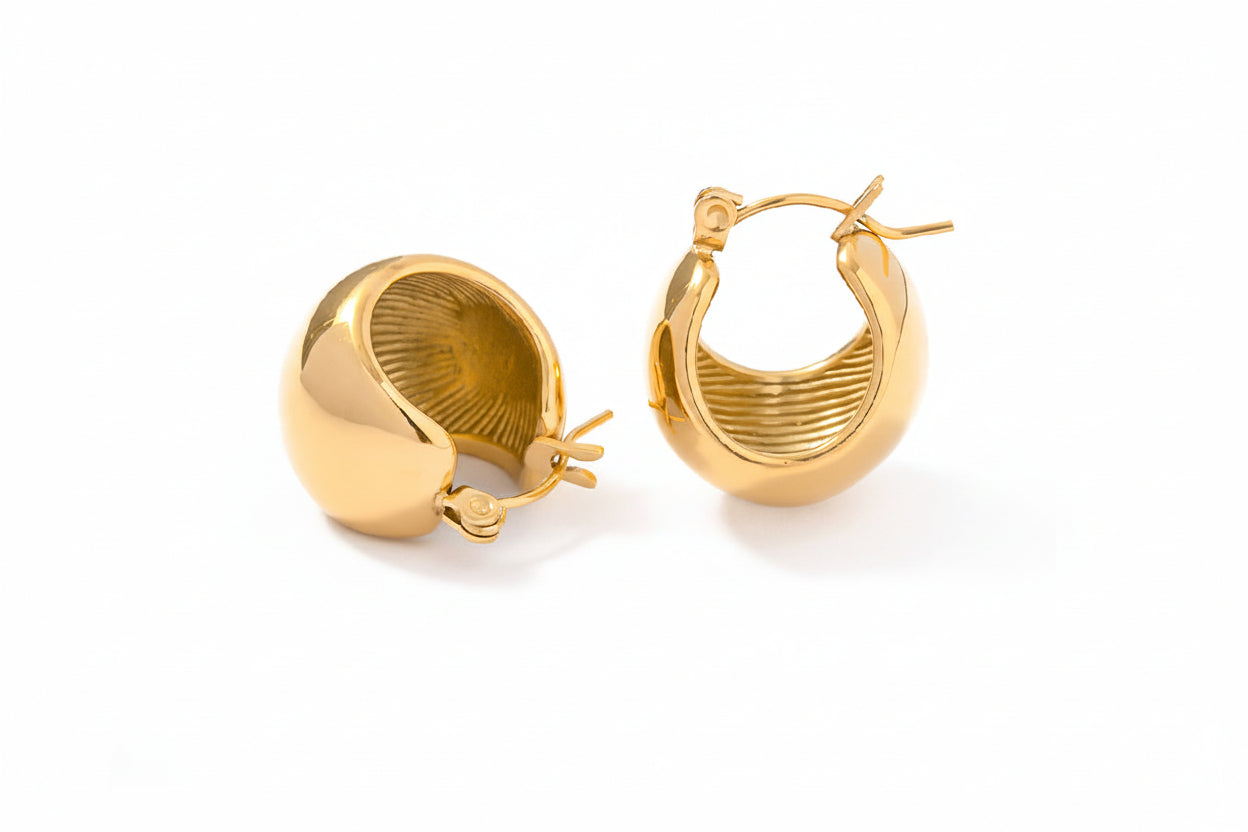Gold hoop earrings with measurements on a white background