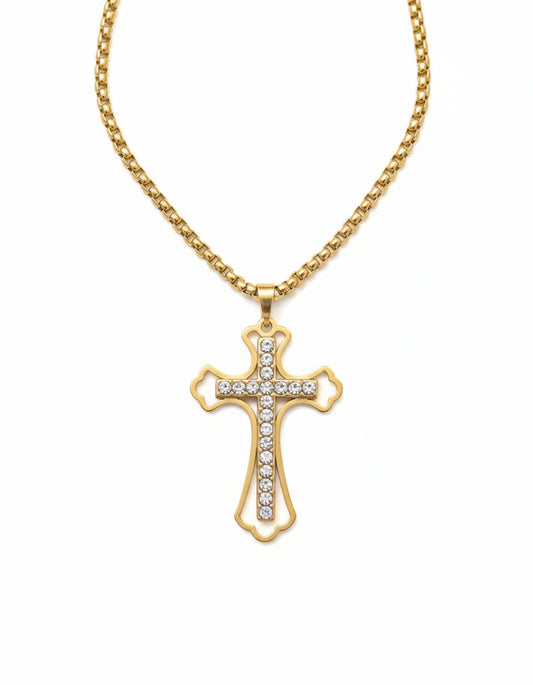 This image displays a striking necklace featuring a cross pendant. The pendant is elegantly designed, incorporating intricate detailing and a sparkling stone inlay that adds a luxurious touch.