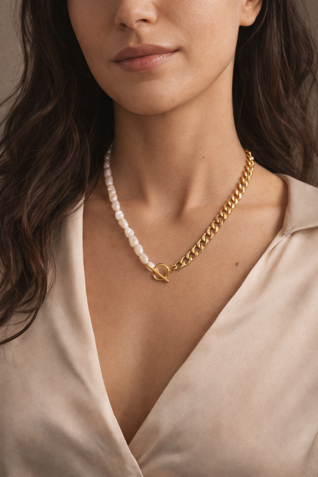 Woman wearing a pearl necklace and gold chain necklace