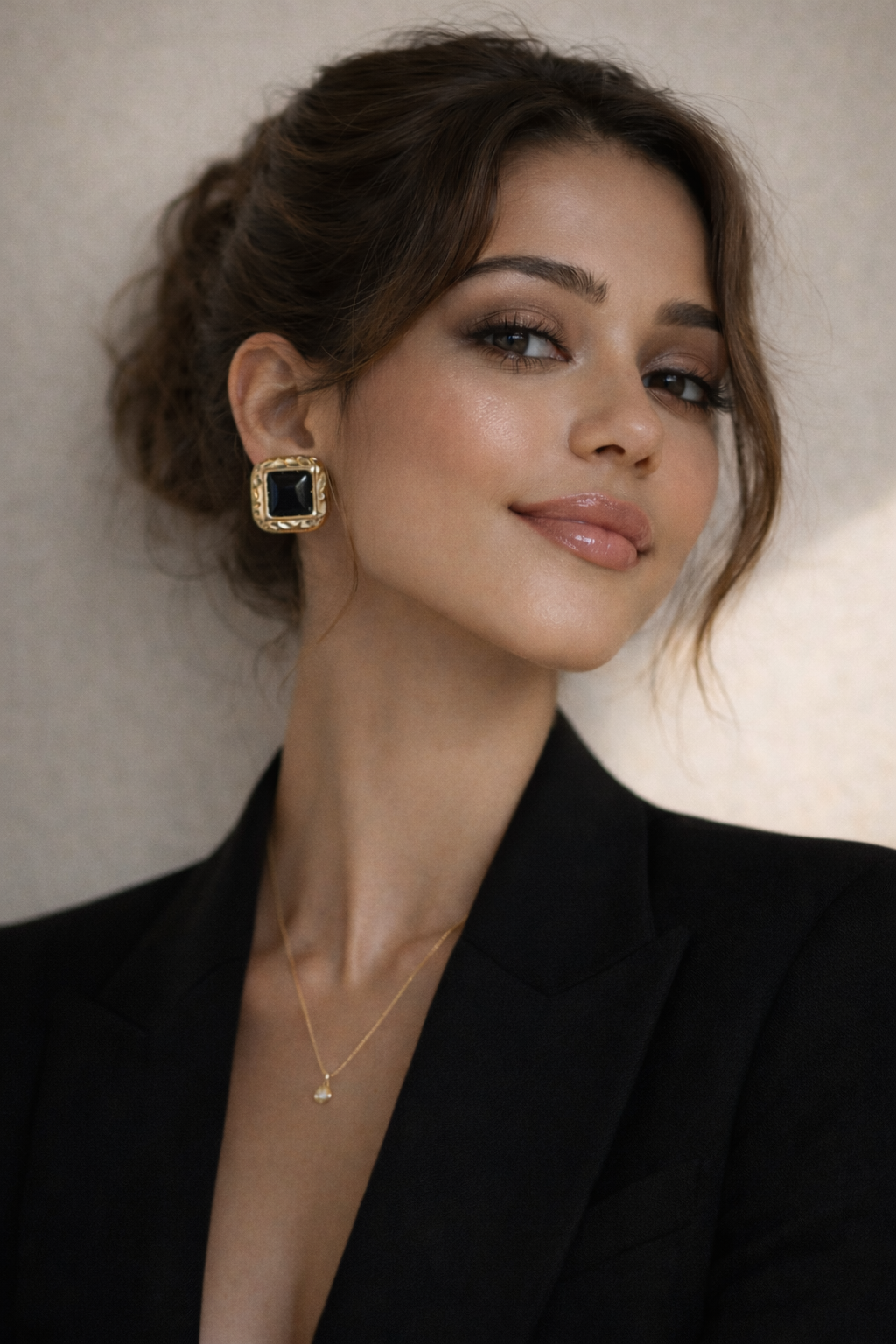 Woman wearing a black earring and necklace against a neutral background